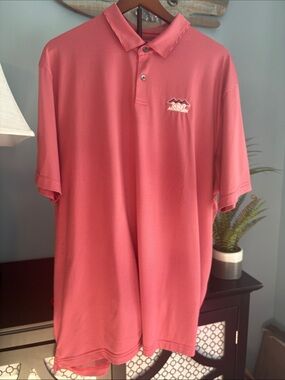 Men's Performance Polo with Mountain Logo in Coral Red